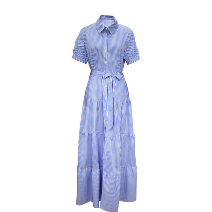 Women's Summer Button Down Shirt Dress Short Sleeve Tiered Ruffle Flowy Maxi Dresses