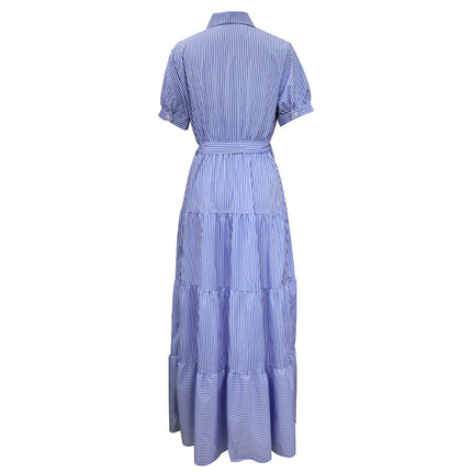 Women's Summer Button Down Shirt Dress Short Sleeve Tiered Ruffle Flowy Maxi Dresses