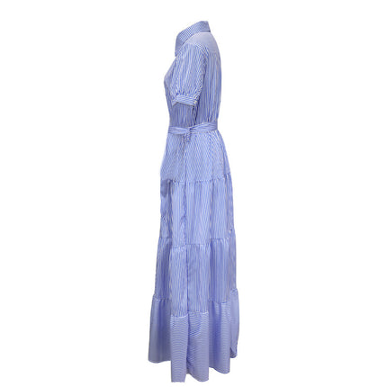 Women's Summer Button Down Shirt Dress Short Sleeve Tiered Ruffle Flowy Maxi Dresses