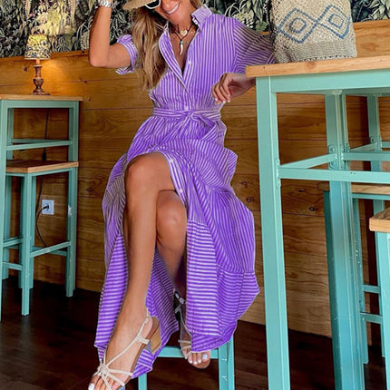 Women's Summer Button Down Shirt Dress Short Sleeve Tiered Ruffle Flowy Maxi Dresses