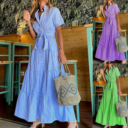 Women's Summer Button Down Shirt Dress Short Sleeve Tiered Ruffle Flowy Maxi Dresses