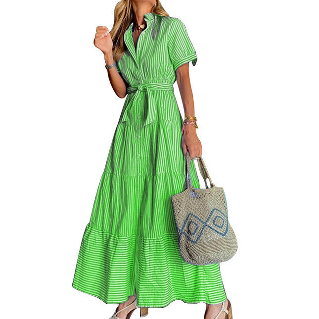 Women's Summer Button Down Shirt Dress Short Sleeve Tiered Ruffle Flowy Maxi Dresses