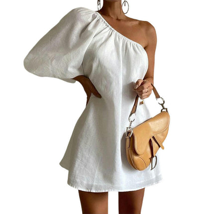 Women's Summer Casual One Shoulder Mini Dress Puff Sleeve Loose A Line Flowy Dress