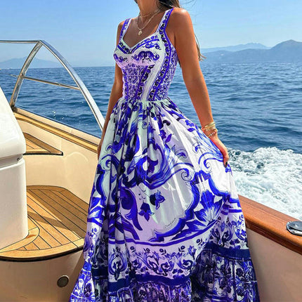 Women's Summer Maxi Dress Boho Sleeveless Spaghetti Strap Ruffle Tiered Long Beach Dresses