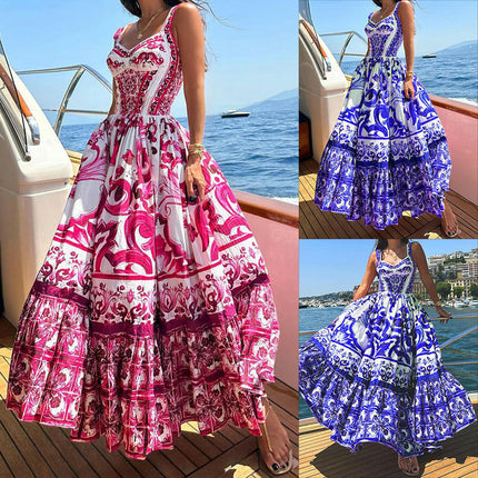 Women's Summer Maxi Dress Boho Sleeveless Spaghetti Strap Ruffle Tiered Long Beach Dresses