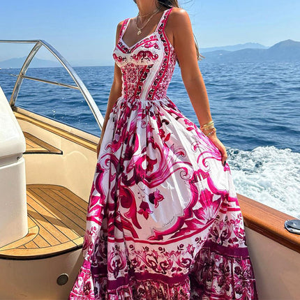 Women's Summer Maxi Dress Boho Sleeveless Spaghetti Strap Ruffle Tiered Long Beach Dresses