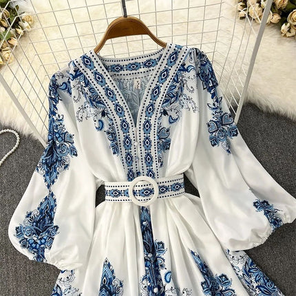 Women's Summer Long Sleeve V Neck Floral Flowy Midi Dress