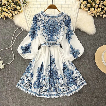 Women's Summer Long Sleeve V Neck Floral Flowy Midi Dress