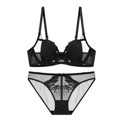 Women's Sexy Bra Set Semi Transparent Gathering Bra with Steel Rings and Matching Panties