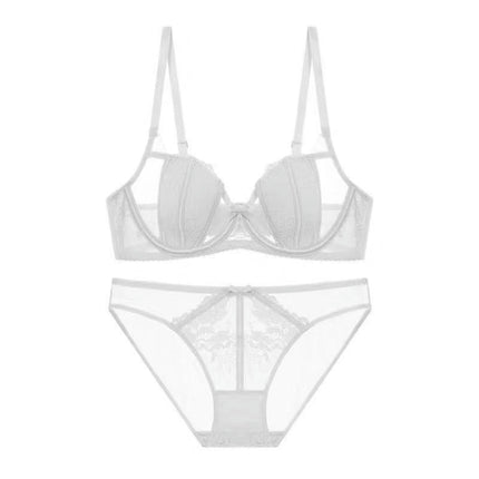 Women's Sexy Bra Set Semi Transparent Gathering Bra with Steel Rings and Matching Panties