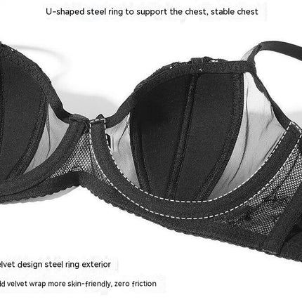 Women's Sexy Bra Set Semi Transparent Gathering Bra with Steel Rings and Matching Panties