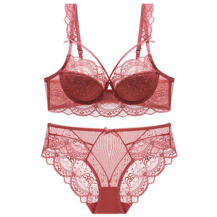 Sexy Lingerie for Women - Delicate Floral Lace Bra and Strappy Panty Matching Ring Exotic Two Piece