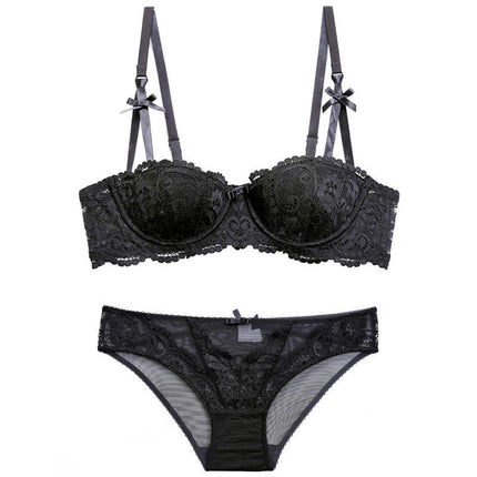 Women's Sexy Lace Underwear Thin Cotton Palace Vine Jacquard Bra Push-Up Set