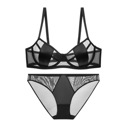 Women's Mesh Solid  Semi-perspective Through Lingerie Set Sexy Lace Bra and Panty 2 Piece