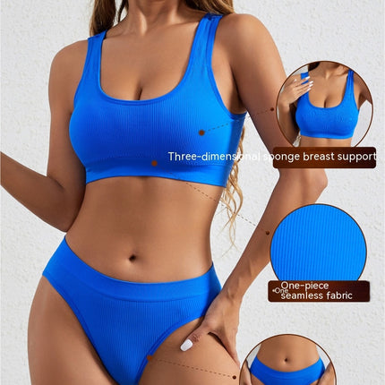 Women's Seamless Triangle Cup Sports Bra Big U Strap Beauty Tank Top Triangle Pants Set