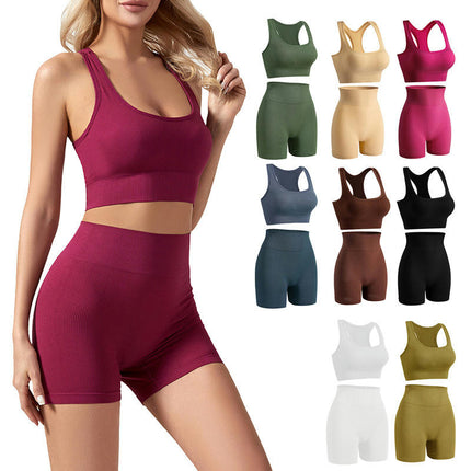 Women's 2 Piece Workout Sets - Seamless Ribbed Legging Shorts and Sports Bra Yoga Activewear Set