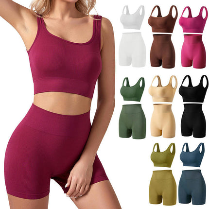 Women's Sportswear 2 Piece Seamless Ribbed High Waist Leggings with Bra Sports Set