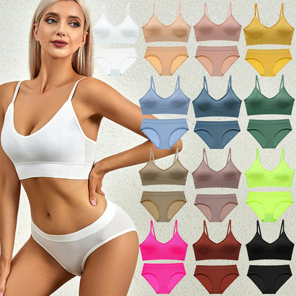 Women's Underwear 2-Piece Set Solid Color Ribbed Skinny Stretch Fitness Yoga Sports Bra High Waist Panties