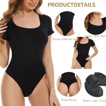 Women's Cutout Neck Bodysuit Seamless Short Sleeve Tummy Control Shapewear Thong Shapewear