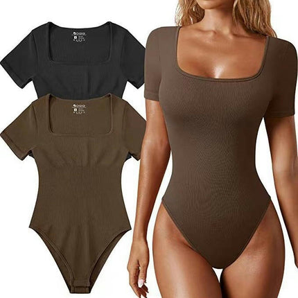 Women's Cutout Neck Bodysuit Seamless Short Sleeve Tummy Control Shapewear Thong Shapewear