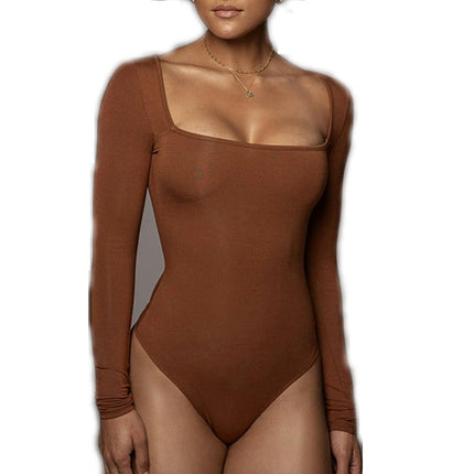 Women's Square Neck/V-Neck Long Sleeve Bodysuit Seamless Fitted Sexy Thong Top