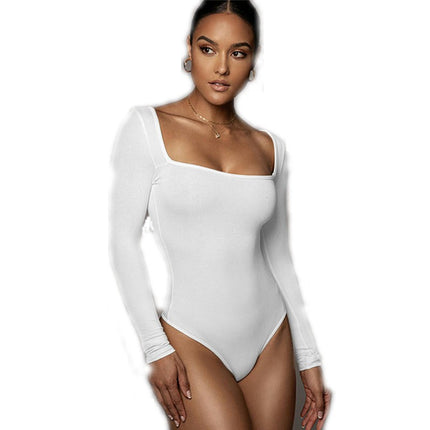 Women's Square Neck/V-Neck Long Sleeve Bodysuit Seamless Fitted Sexy Thong Top