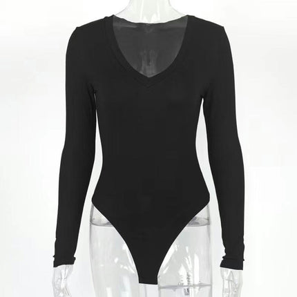 Women's Square Neck/V-Neck Long Sleeve Bodysuit Seamless Fitted Sexy Thong Top