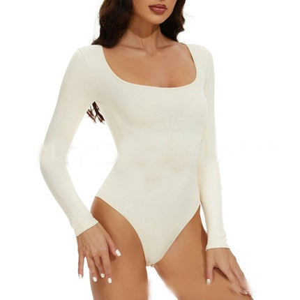 Women's Square Neck Long Sleeve Bodysuit Sexy Shapewear Body Suit Tops