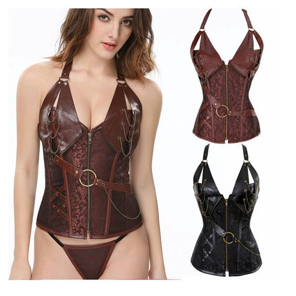 Womens Steel Boned Retro Goth Steampunk Corset Performance Costumes Palace Leather Shapewear