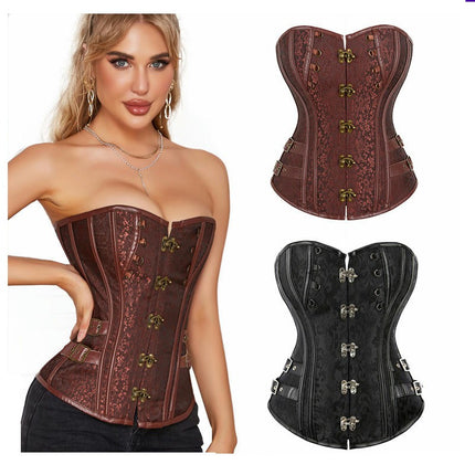 Women's Steampunk Gothic Brocade Steel Boned Bustier Corset with Buckle