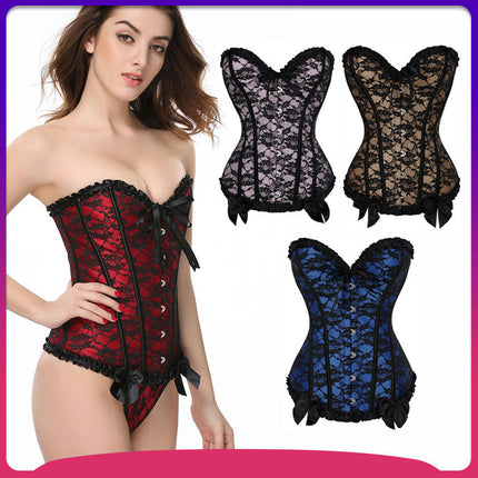 Women's Lace Up Boned Overbust Corset Bustier Bodyshaper Top