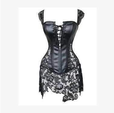 Women's Steampunk Gothic Faux Leather Bustier Corset with Lace Skirt