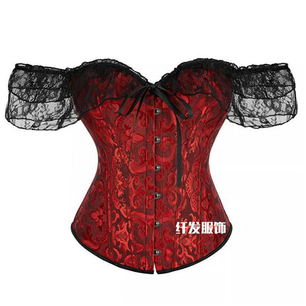 Women Floral Lace Off Shoulder Corset Bustier Boned Overbust Corset Bodyshaper Lingerie Top