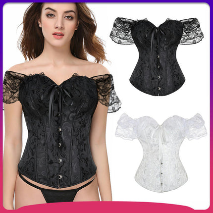 Women Floral Lace Off Shoulder Corset Bustier Boned Overbust Corset Bodyshaper Lingerie Top