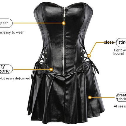 Zipper Sexy Corset with Short Skirt Corset Waist Corset Court Dress Leather Shapewear Set