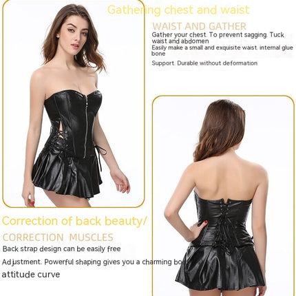 Zipper Sexy Corset with Short Skirt Corset Waist Corset Court Dress Leather Shapewear Set