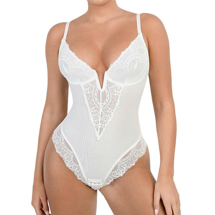 Lace Tummy Control Shapewear Bodysuit for Women Slimming Body Shaper V Neck Sculpting Thong Bodysuit