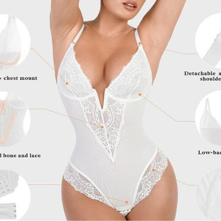 Lace Tummy Control Shapewear Bodysuit for Women Slimming Body Shaper V Neck Sculpting Thong Bodysuit