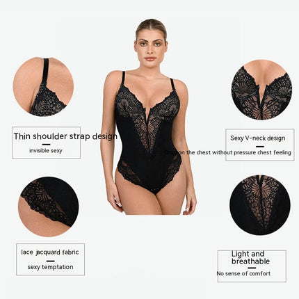 Lace Tummy Control Shapewear Bodysuit for Women Slimming Body Shaper V Neck Sculpting Thong Bodysuit