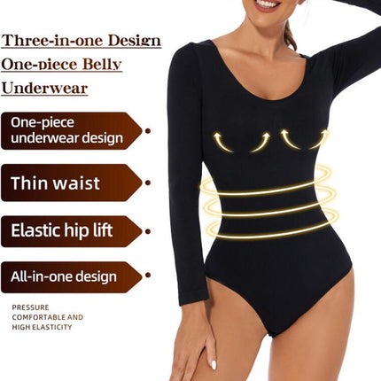 Long Sleeve Bodysuit for Women Tummy Control Shapewear Seamless Round Neck Body Shaper Tops