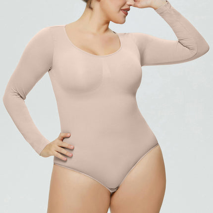 Long Sleeve Bodysuit for Women Tummy Control Shapewear Seamless Round Neck Body Shaper Tops