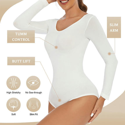 Long Sleeve Bodysuit for Women Tummy Control Shapewear Seamless Round Neck Body Shaper Tops