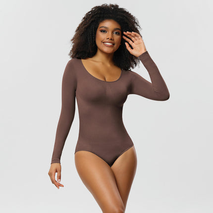 Long Sleeve Bodysuit for Women Tummy Control Shapewear Seamless Round Neck Body Shaper Tops