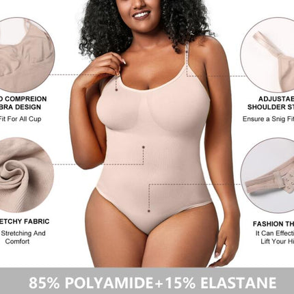 Women Shapewear Bodysuit Tummy Control Seamless Body Shaper with Adjustable Spaghetti Straps