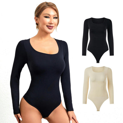 Long Sleeve for Women Body Suit Tummy Control Thong Shapewear Bodysuit Square Deep V Neck Tops