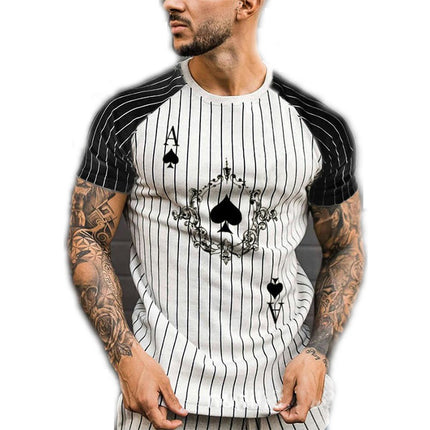 3D Printed Ace of Spades Stripe Color Clash Men's Short Sleeve Casual Round Neck T-Shirt