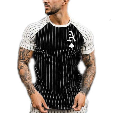 3D Printed Ace of Spades Stripe Color Clash Men's Short Sleeve Casual Round Neck T-Shirt