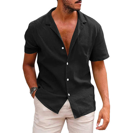 Summer Lapel Solid Color Short-sleeved Shirt Buttons Men's Cotton Linen Shirt