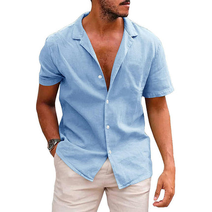 Summer Lapel Solid Color Short-sleeved Shirt Buttons Men's Cotton Linen Shirt