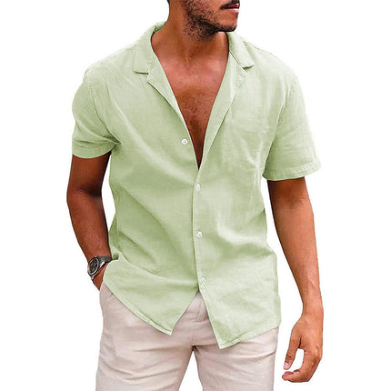 Summer Lapel Solid Color Short-sleeved Shirt Buttons Men's Cotton Linen Shirt